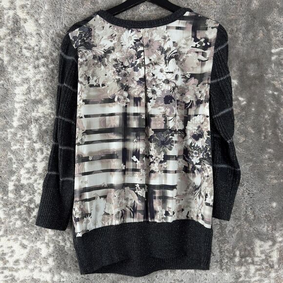 Simply Vera Wang Size M Striped Floral Shimmer Metallic Sweater Gray 3/4 Sleeve - Picture 4 of 9